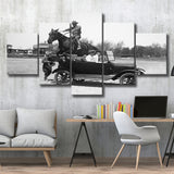 Horse Jumps A Car Black And White Print, Vintage Car Photo 5 Panels, Canvas Prints Wall Art Decor, Large Canvas Art