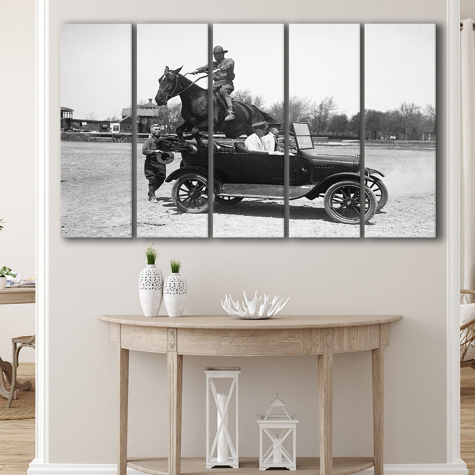 Horse Jumps A Car Black And White Print, Vintage Car Photo Larger Canvas Art, 5 Piece Canvas Prints Wall Art Decor