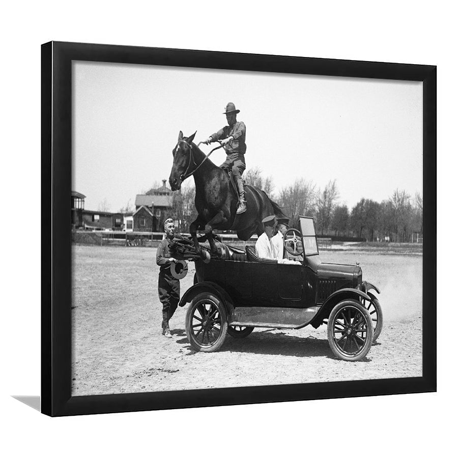 Horse Jumps A Car Black And White Print, Vintage Car Photo Framed Art Prints, Wall Art,Home Decor,Framed Picture