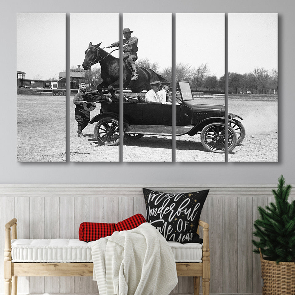 Horse Jumps A Car Black And White Print, Vintage Car Photo Larger Canvas Art, 5 Piece Canvas Prints Wall Art Decor