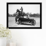 Horse Jumps A Car Black And White Print, Vintage Car Photo Framed Canvas Prints Wall Art Home Decor,Floating Frame