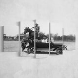 Horse Jumps A Car Black And White Print, Vintage Car Photo 5 Panels, Canvas Prints Wall Art Decor, Large Canvas Art