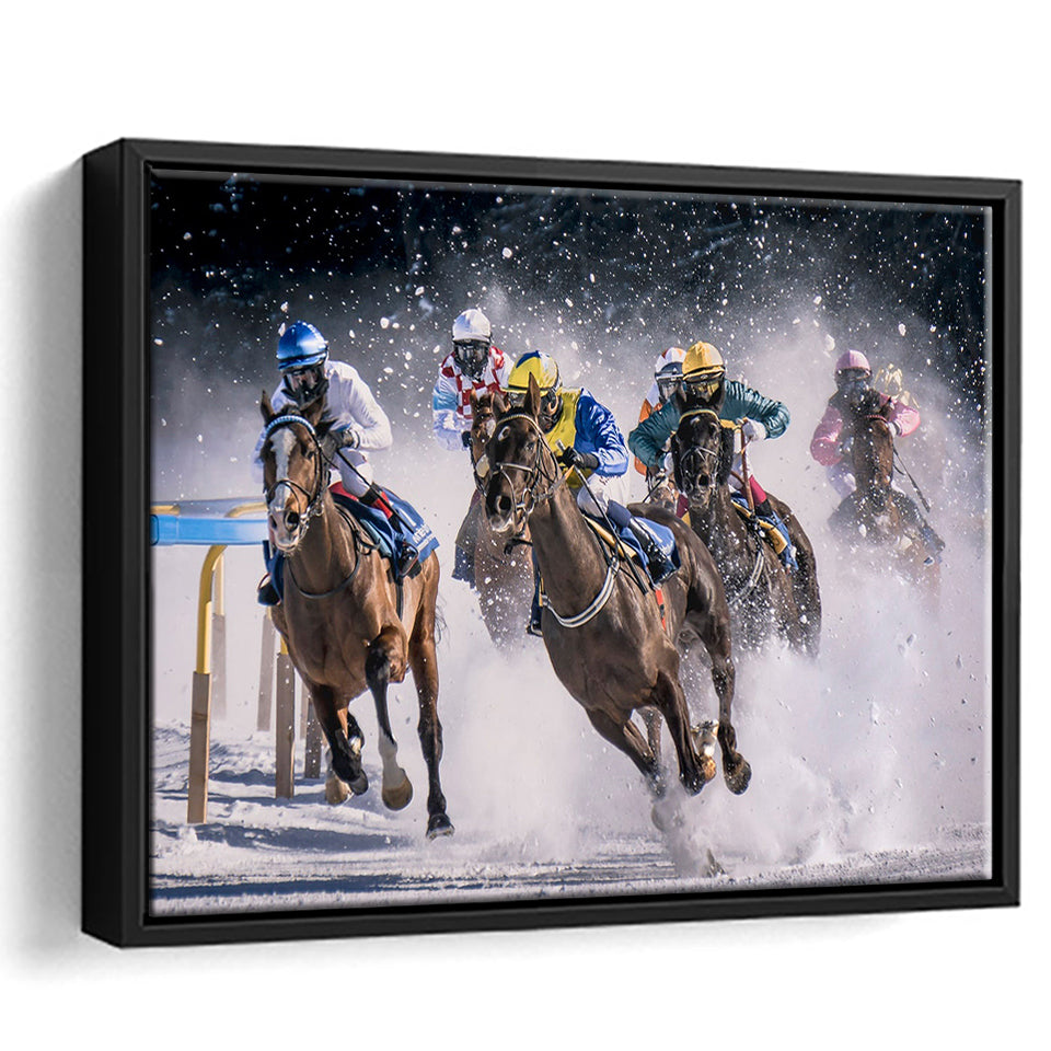 Horse Racing, Horse Racing Framed Canvas Prints Wall Art Decor, Black Floating Frame