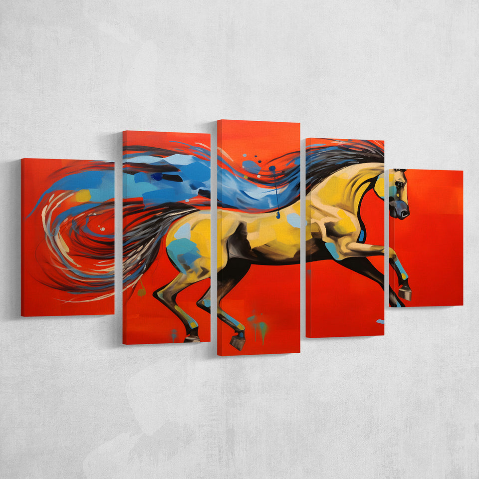 Horse And Wave Unique Art Red Background Painting 5 Panels Canvas Prints Wall Art Home Decor, Large Mixed Canvas