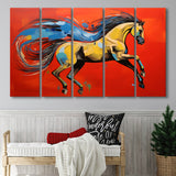 Horse And Wave Unique Art Red Background Painting 5 Panels B Canvas Prints Wall Art Home Decor, Extra Large Canvas