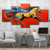 Horse And Wave Unique Art Red Background Painting 5 Panels Canvas Prints Wall Art Home Decor, Large Mixed Canvas
