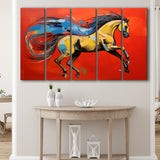 Horse And Wave Unique Art Red Background Painting 5 Panels B Canvas Prints Wall Art Home Decor, Extra Large Canvas