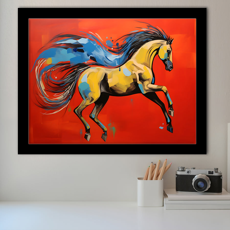 Horse And Wave Unique Art Red Background Painting Framed Art Prints Wall Decor, Painting Art, Framed Picture