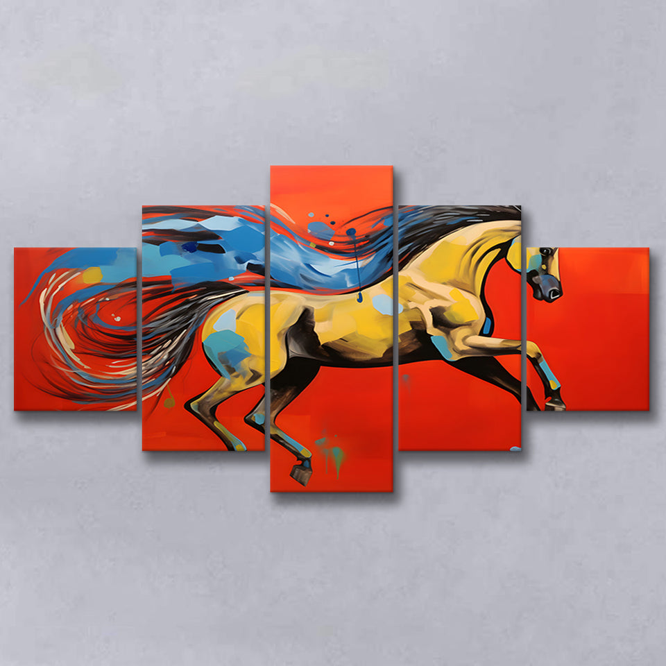 Horse And Wave Unique Art Red Background Painting 5 Panels Canvas Prints Wall Art Home Decor, Large Mixed Canvas