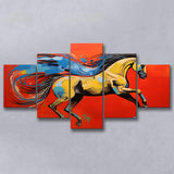 Horse And Wave Unique Art Red Background Painting 5 Panels Canvas Prints Wall Art Home Decor, Large Mixed Canvas