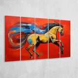 Horse And Wave Unique Art Red Background Painting 5 Panels B Canvas Prints Wall Art Home Decor, Extra Large Canvas