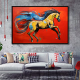 Horse And Wave Unique Art Red Background Painting Framed Canvas Prints Wall Art Home Decor, Painting Canvas, Floating Frame