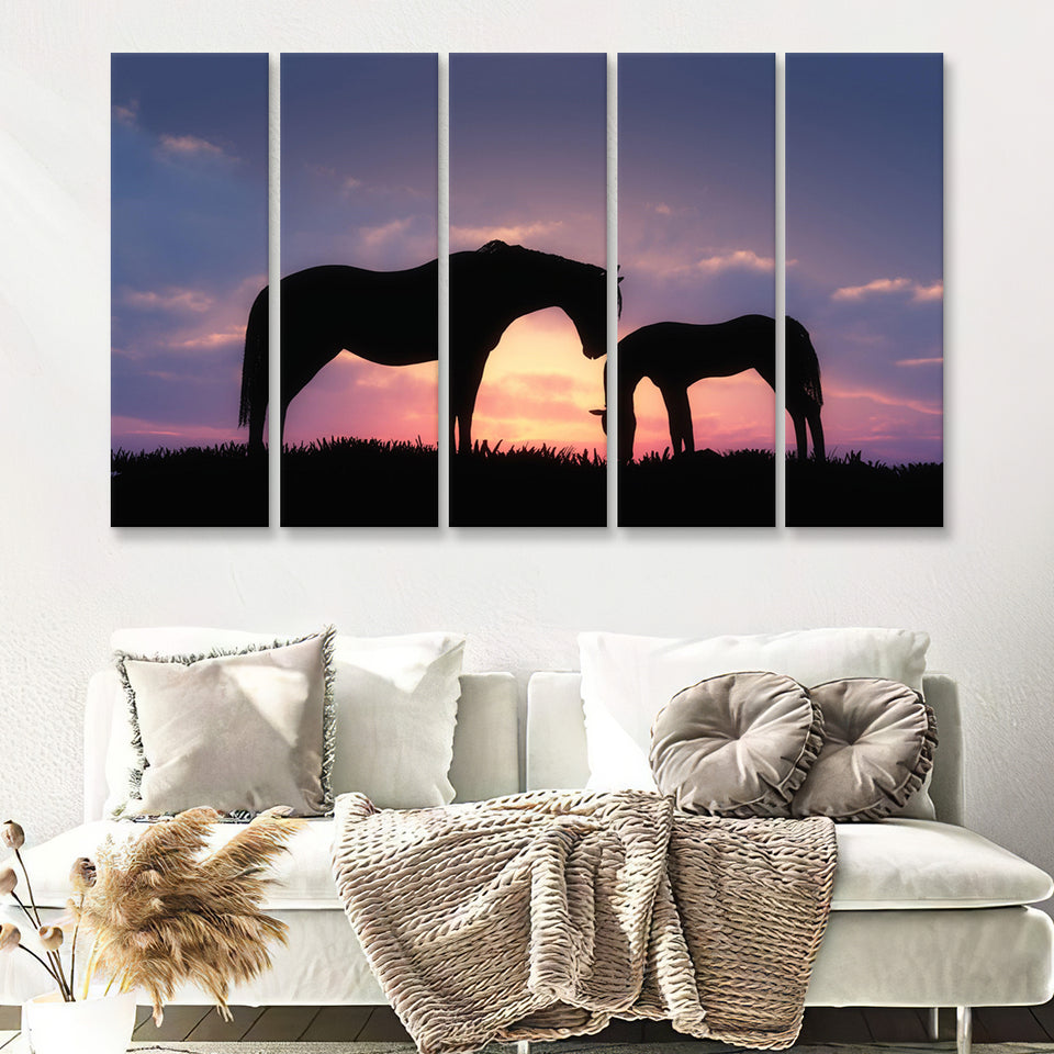 Horse In A Sunset Silhouette 5 Pieces B Canvas Prints Wall Art - Painting Canvas, Multi Panels,5 Panel, Wall Decor