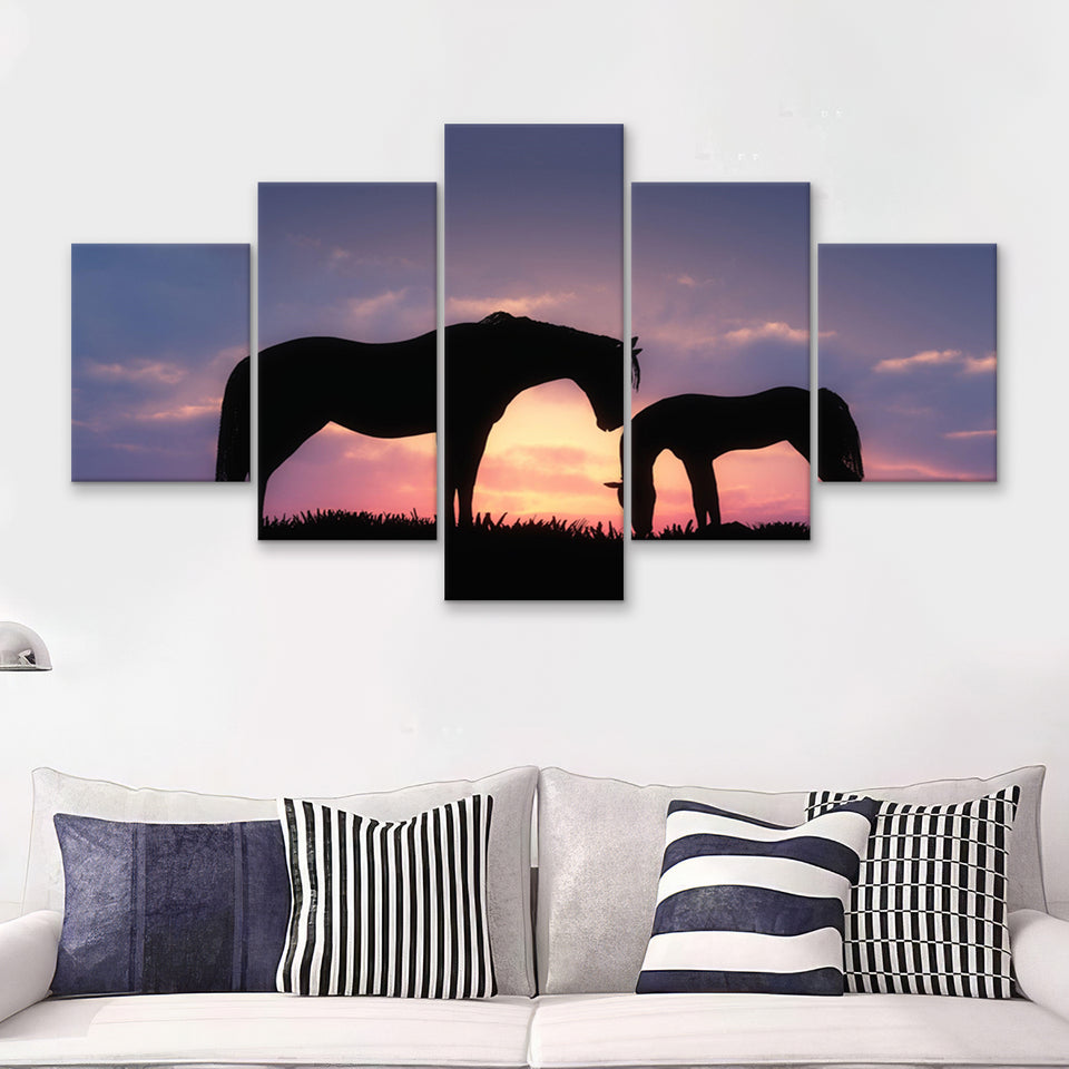 Horse In A Sunset Silhouette  5 Pieces Canvas Prints Wall Art - Painting Canvas, Multi Panels, 5 Panel, Wall Decor