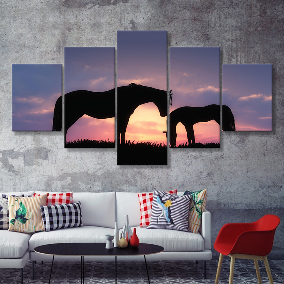 Horse In A Sunset Silhouette  5 Pieces Canvas Prints Wall Art - Painting Canvas, Multi Panels, 5 Panel, Wall Decor