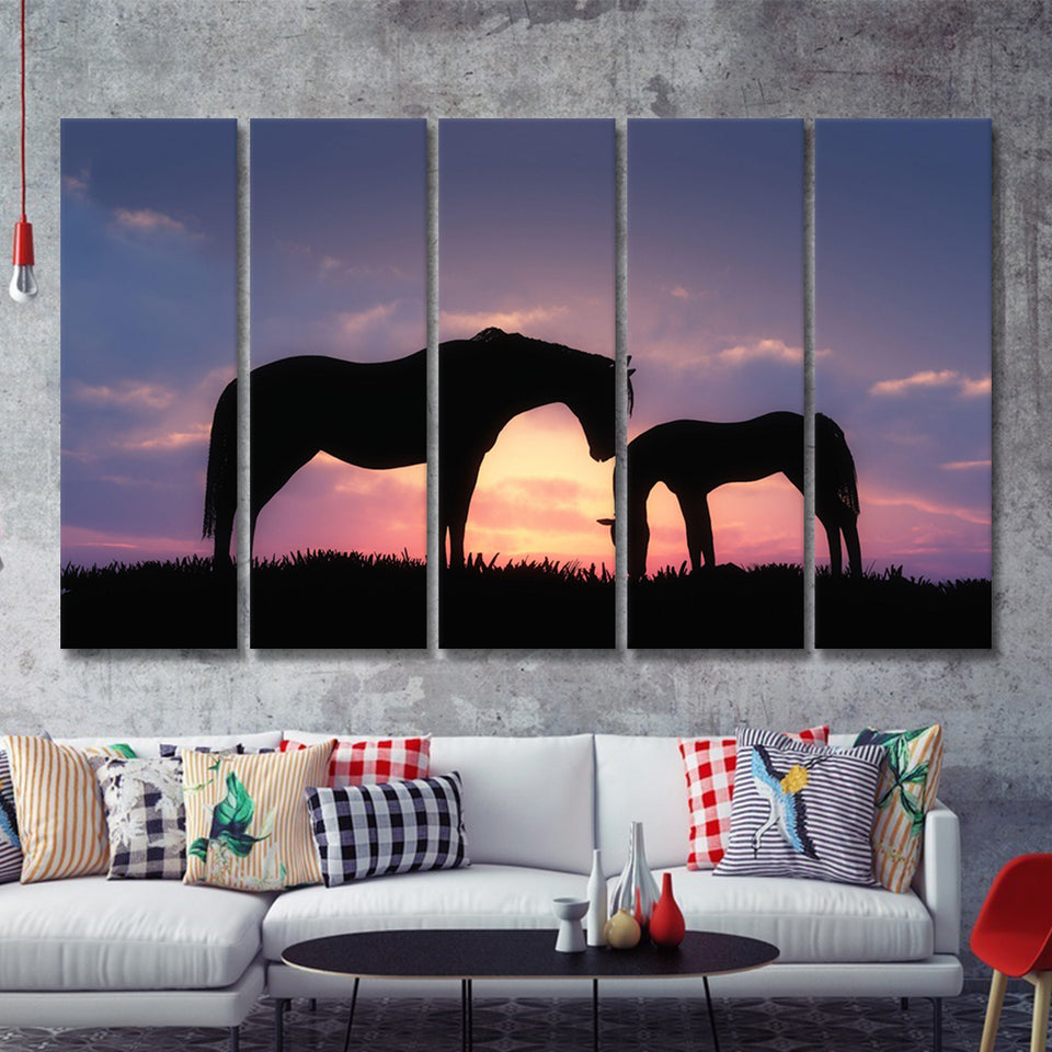 Horse In A Sunset Silhouette 5 Pieces B Canvas Prints Wall Art - Painting Canvas, Multi Panels,5 Panel, Wall Decor