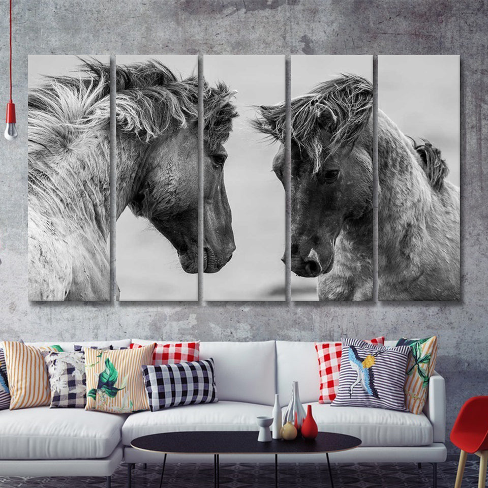 Horses Black and White 5 Piece B Canvas Prints Wall Art Decor - Painting Canvas, Multi Panels