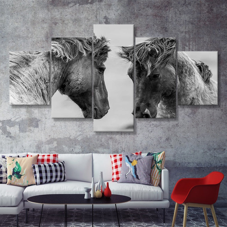 Horses Black and White 5 Piece Canvas Prints Wall Art Decor - Painting Canvas, Multi Panels