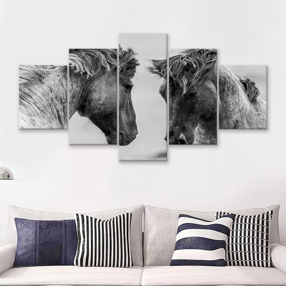 Horses Black and White 5 Piece Canvas Prints Wall Art Decor - Painting Canvas, Multi Panels