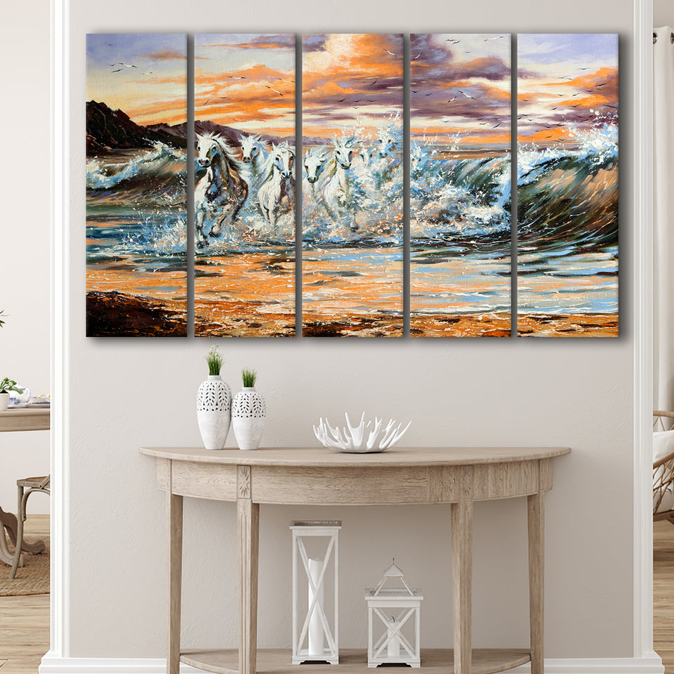 Horses Running Waves Larger Canvas Art, 5 Piece Canvas Prints Wall Art Decor