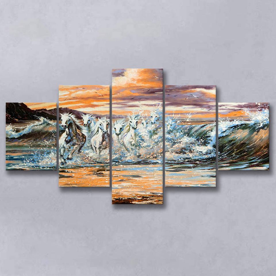 Horses Running Waves 5 Panels, Canvas Prints Wall Art Decor, Large Canvas Art