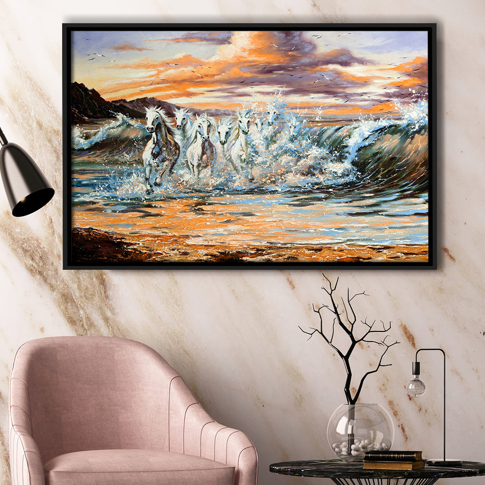 Horses Running Waves Framed Canvas Prints Wall Art Home Decor,Floating Frame