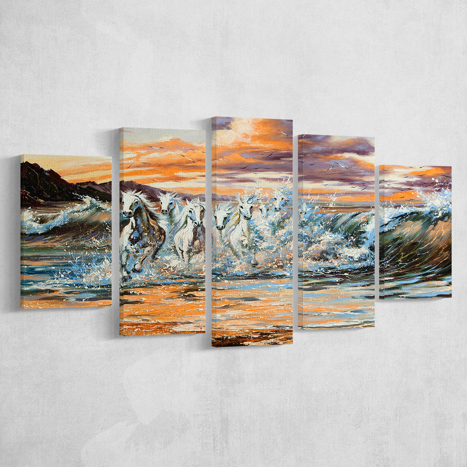 Horses Running Waves 5 Panels, Canvas Prints Wall Art Decor, Large Canvas Art