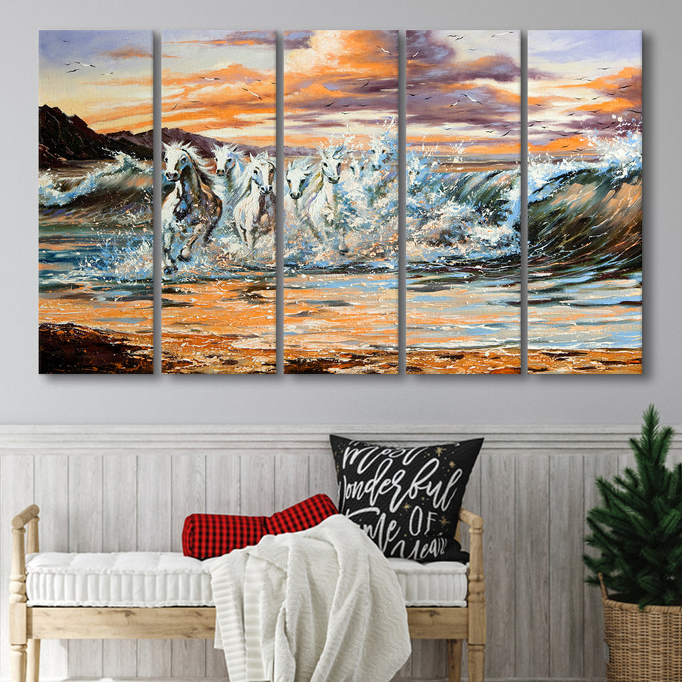 Horses Running Waves Larger Canvas Art, 5 Piece Canvas Prints Wall Art Decor