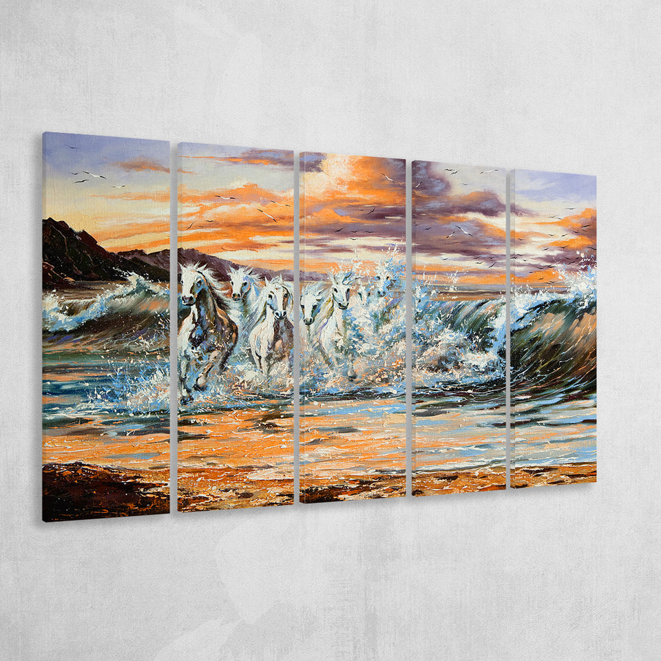 Horses Running Waves Larger Canvas Art, 5 Piece Canvas Prints Wall Art Decor