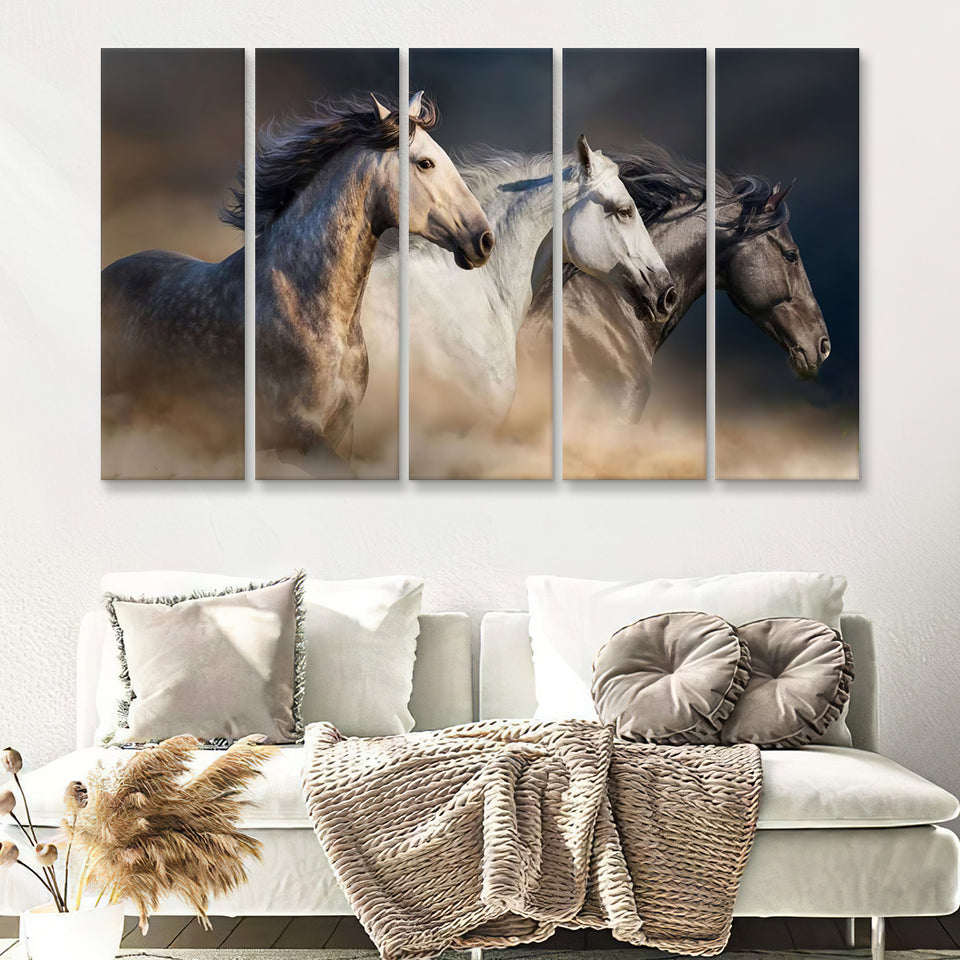 Horses With Long Mane Portrait Run Gallop In Desert Dust 5 Pieces Canvas Prints Wall Art - Painting Canvas, Multi Panels, Wall Decor