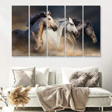 Horses With Long Mane Portrait Run Gallop In Desert Dust 5 Pieces Canvas Prints Wall Art - Painting Canvas, Multi Panels, Wall Decor