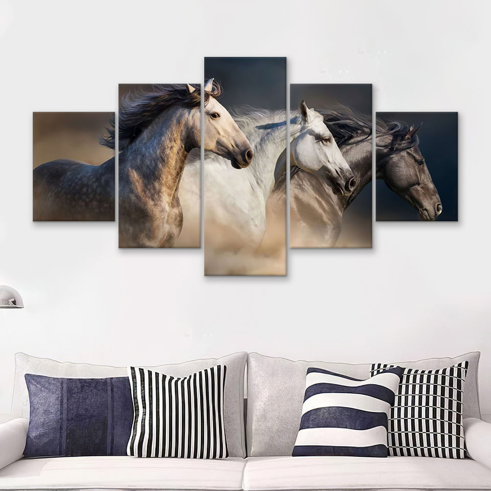 Horses With Long Mane Portrait Run Gallop In Desert Dust 5 Pieces Canvas Prints Wall Art - Painting Canvas, Multi Panels, Wall Decor
