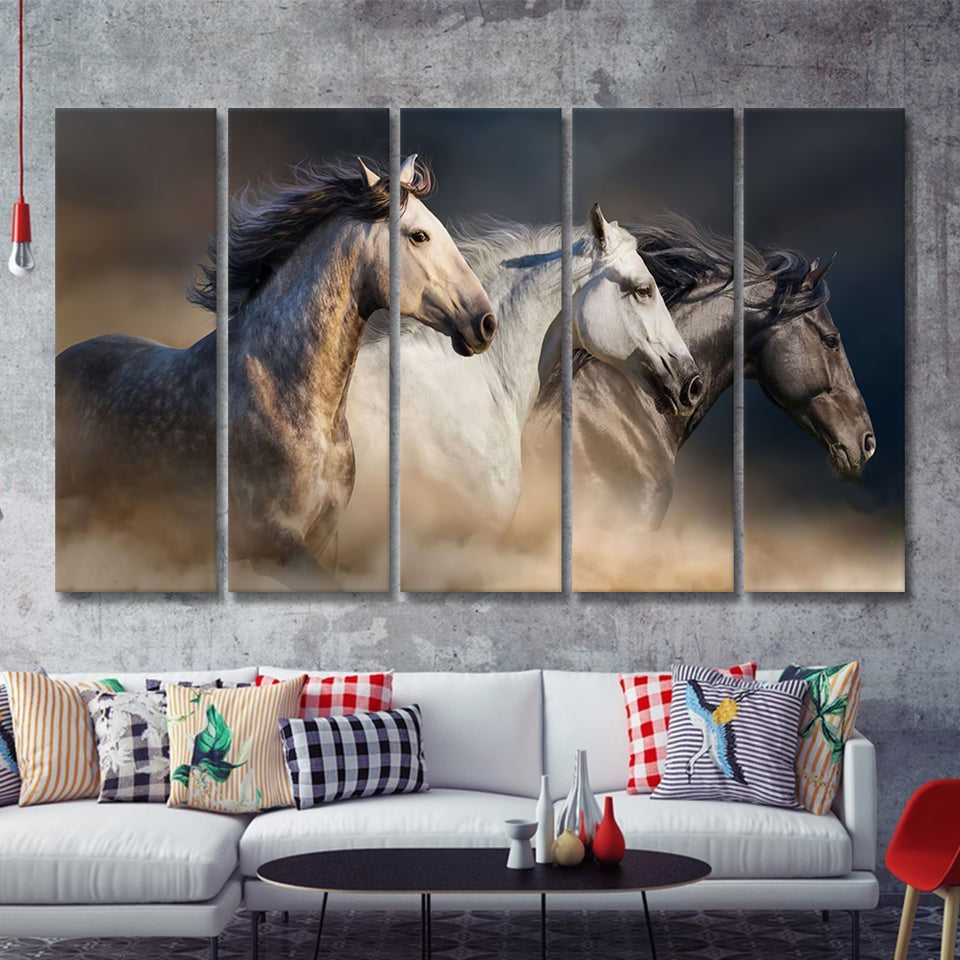 Horses With Long Mane Portrait Run Gallop In Desert Dust 5 Pieces Canvas Prints Wall Art - Painting Canvas, Multi Panels, Wall Decor