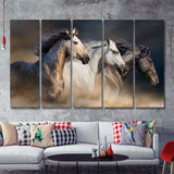 Horses With Long Mane Portrait Run Gallop In Desert Dust 5 Pieces Canvas Prints Wall Art - Painting Canvas, Multi Panels, Wall Decor