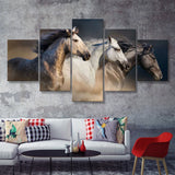 Horses With Long Mane Portrait Run Gallop In Desert Dust 5 Pieces Canvas Prints Wall Art - Painting Canvas, Multi Panels, Wall Decor