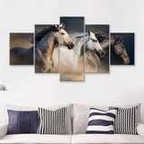 Horses With Long Mane Portrait Run Gallop In Desert Dust 5 Pieces Canvas Prints Wall Art - Painting Canvas, Multi Panels, Wall Decor