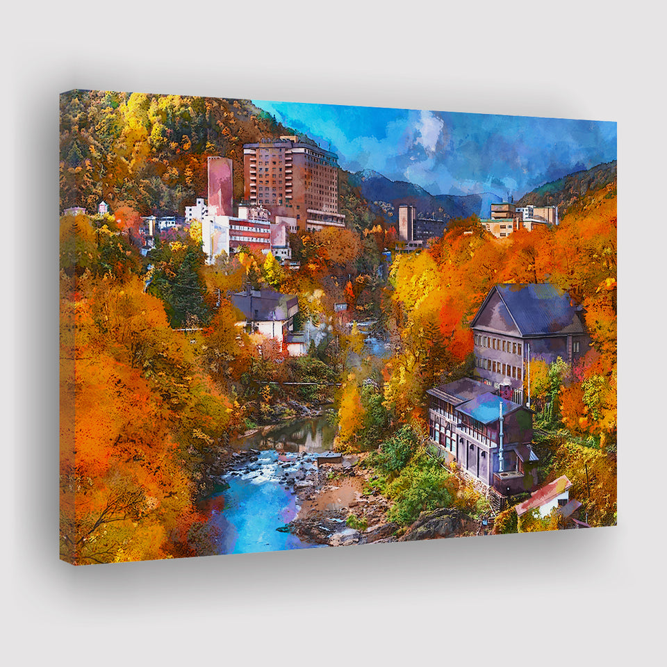 Hot Springs Resort Town Jozankei Northern City Art Watercolor Canvas Prints Wall Art Home Decor, Large Canvas