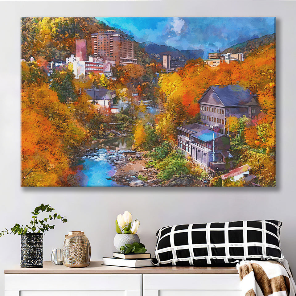 Hot Springs Resort Town Jozankei Northern City Art Watercolor Canvas Prints Wall Art Home Decor, Large Canvas