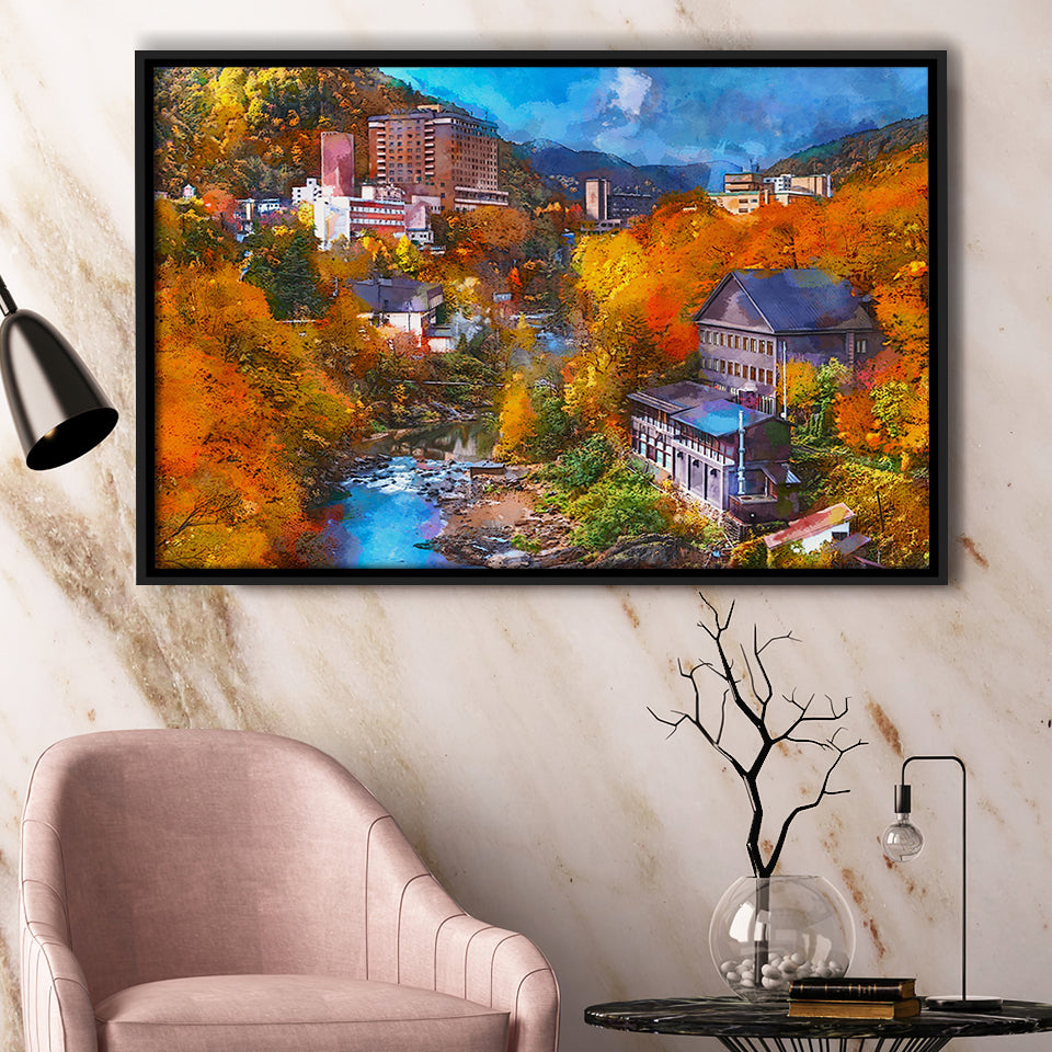 Hot Springs Resort Town Jozankei Northern City Art Watercolor Framed Canvas Prints Wall Art Home Decor,Floating Frame