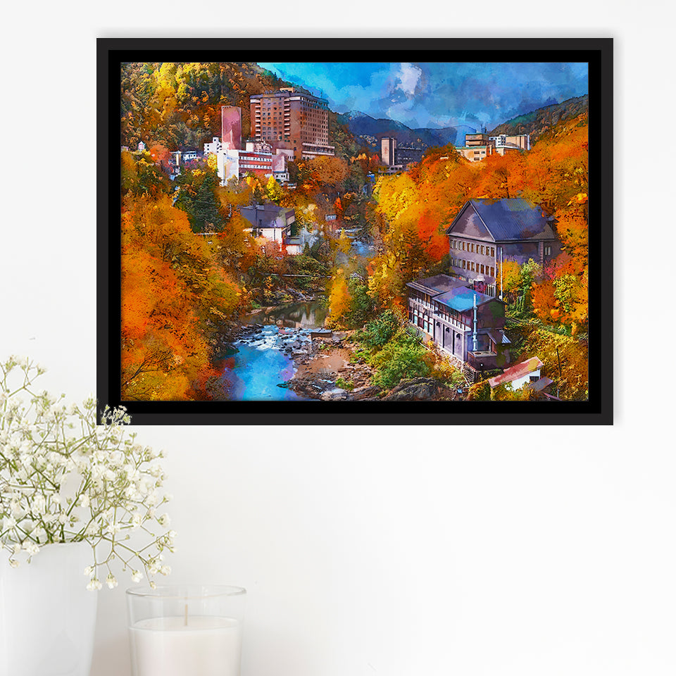 Hot Springs Resort Town Jozankei Northern City Art Watercolor Framed Canvas Prints Wall Art Home Decor,Floating Frame
