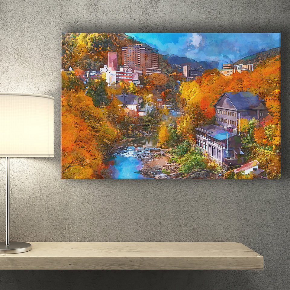 Hot Springs Resort Town Jozankei Northern City Art Watercolor Canvas Prints Wall Art Home Decor, Large Canvas