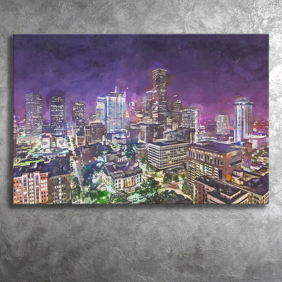 Houston Texas Usa Downtown City Skyline 2 City Art Watercolor Canvas Prints Wall Art Home Decor, Large Canvas