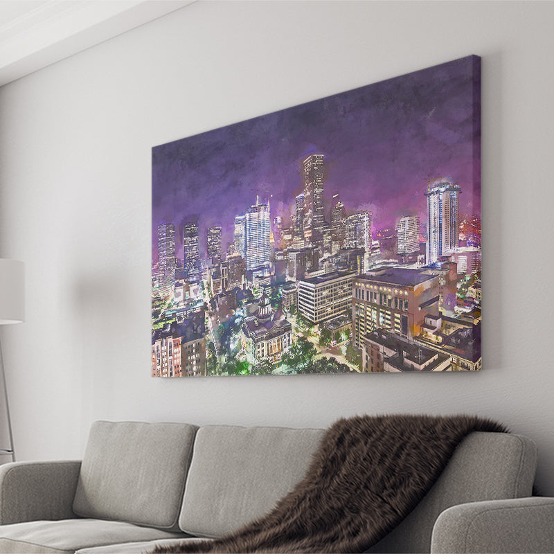 Houston Texas Usa Downtown City Skyline 2 City Art Watercolor Canvas Prints Wall Art Home Decor, Large Canvas