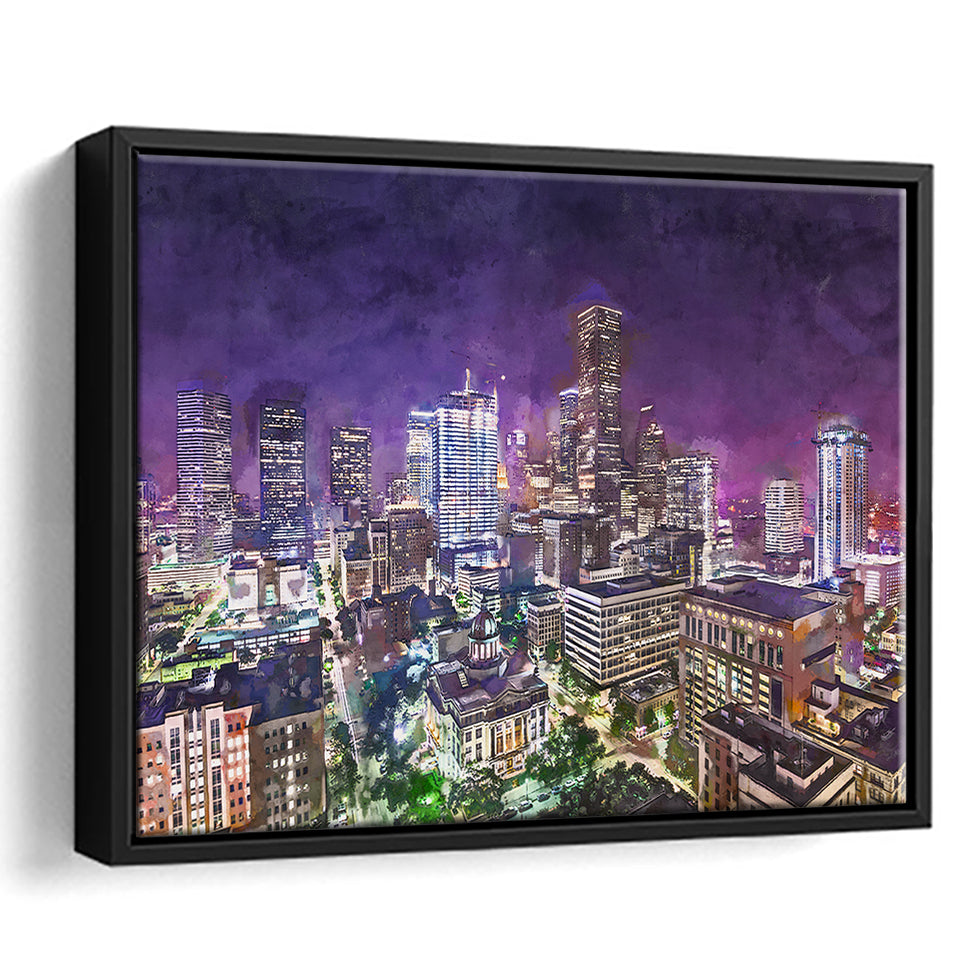 Houston Texas Usa Downtown City Skyline 2 City Art Watercolor Framed Canvas Prints Wall Art Home Decor,Floating Frame