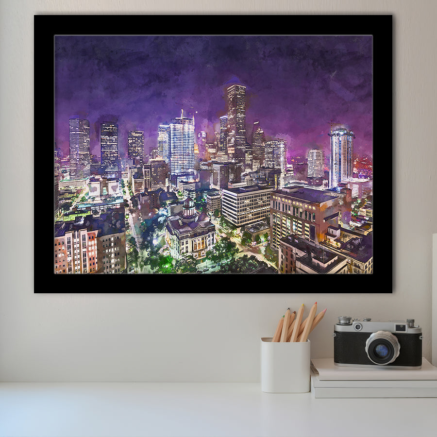 Houston Texas Usa Downtown City Skyline 2 City Art Watercolor Framed Art Prints Wall Art Decor,Framed Picture