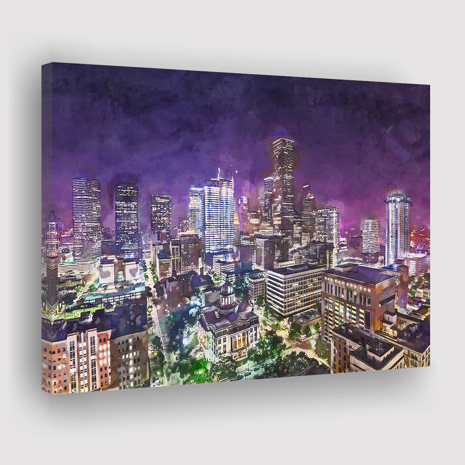Houston Texas Usa Downtown City Skyline 2 City Art Watercolor Canvas Prints Wall Art Home Decor, Large Canvas