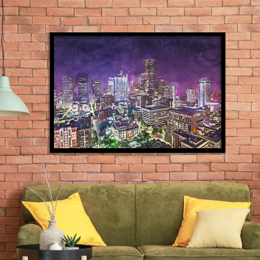 Houston Texas Usa Downtown City Skyline 2 City Art Watercolor Framed Art Prints Wall Art Decor,Framed Picture