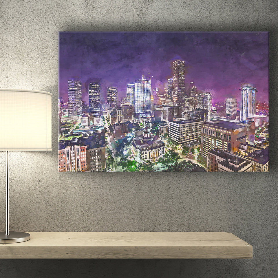Houston Texas Usa Downtown City Skyline 2 City Art Watercolor Canvas Prints Wall Art Home Decor, Large Canvas