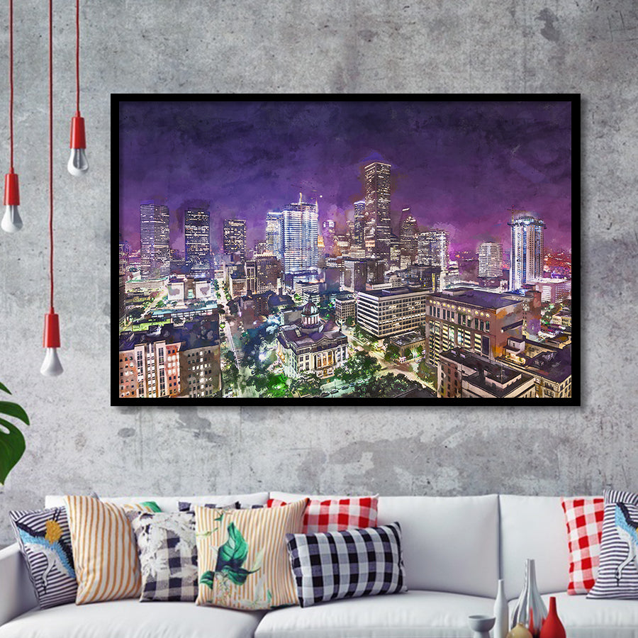 Houston Texas Usa Downtown City Skyline 2 City Art Watercolor Framed Art Prints Wall Art Decor,Framed Picture