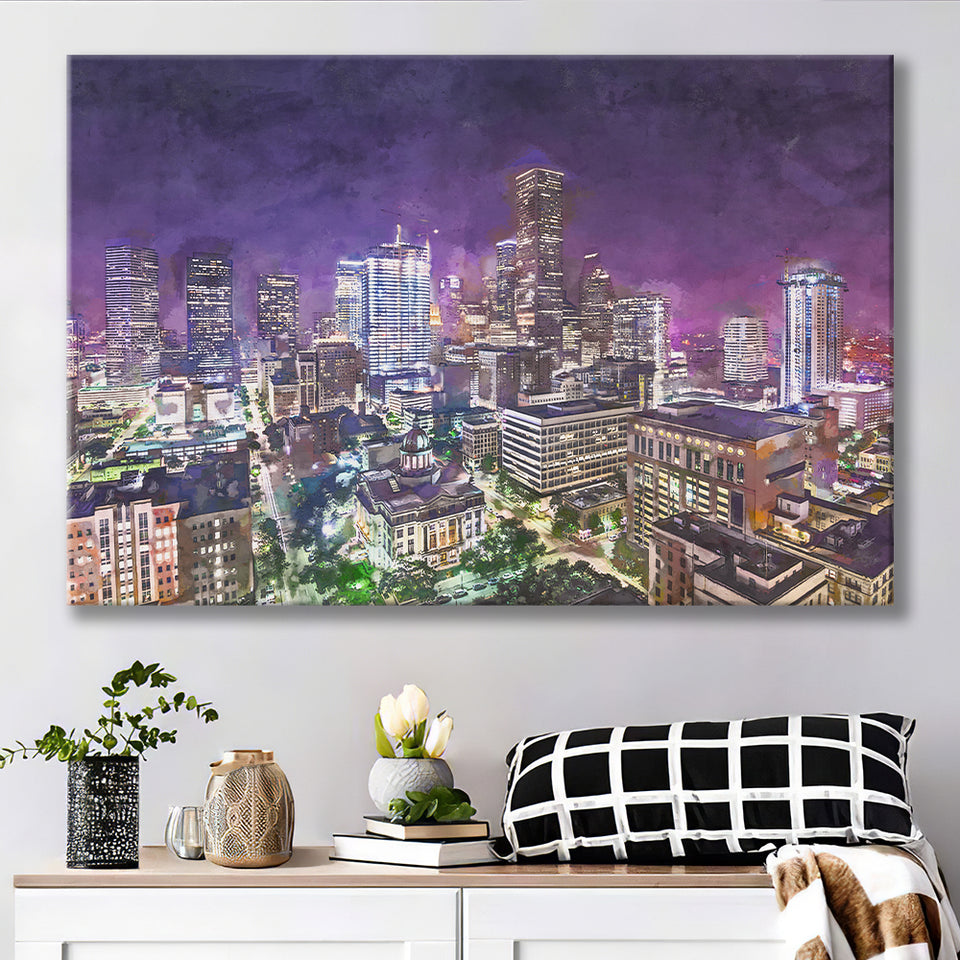 Houston Texas Usa Downtown City Skyline 2 City Art Watercolor Canvas Prints Wall Art Home Decor, Large Canvas